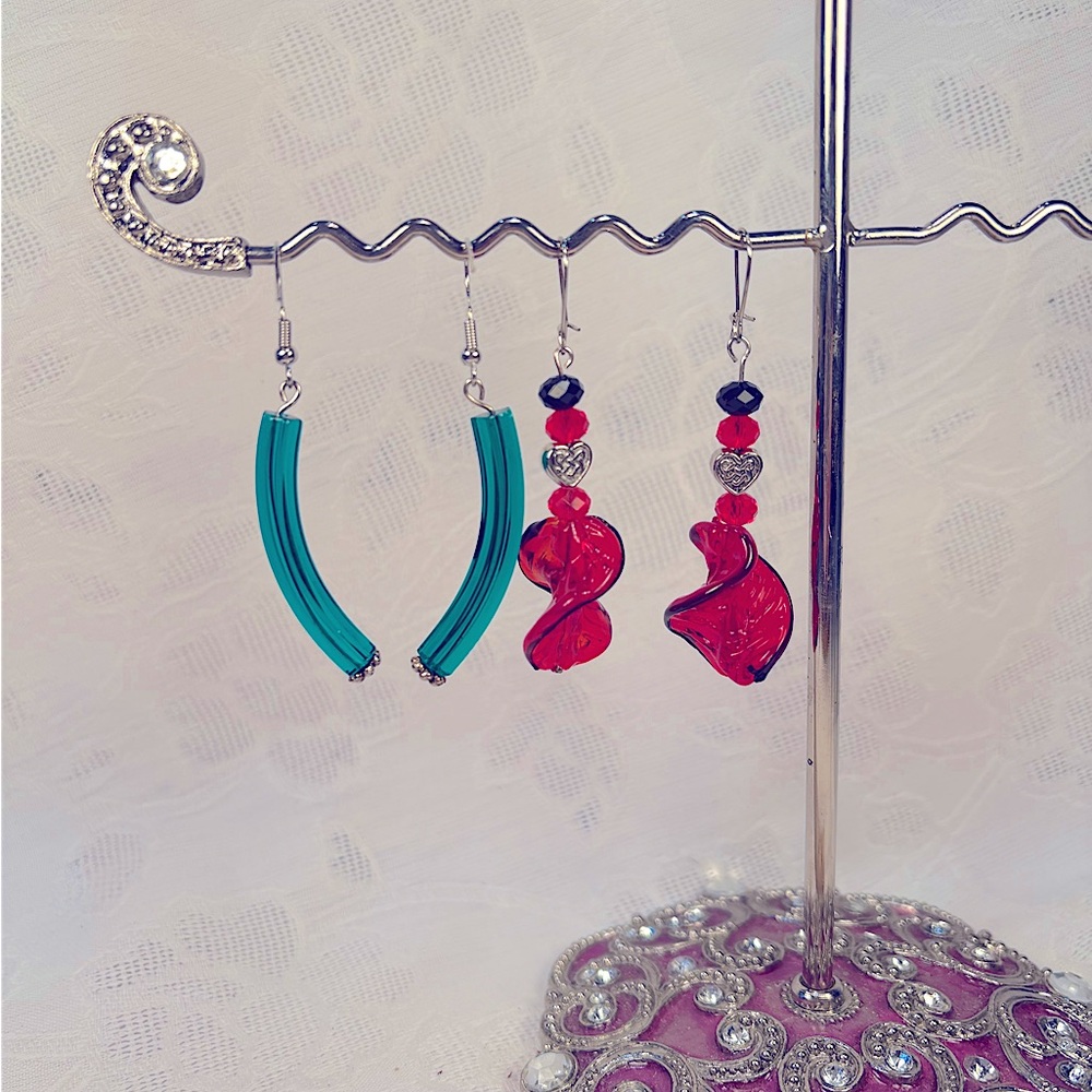 Earrings Pierced Handcrafted Unique Design Red Blown Glass & Dark Aqua Glass
